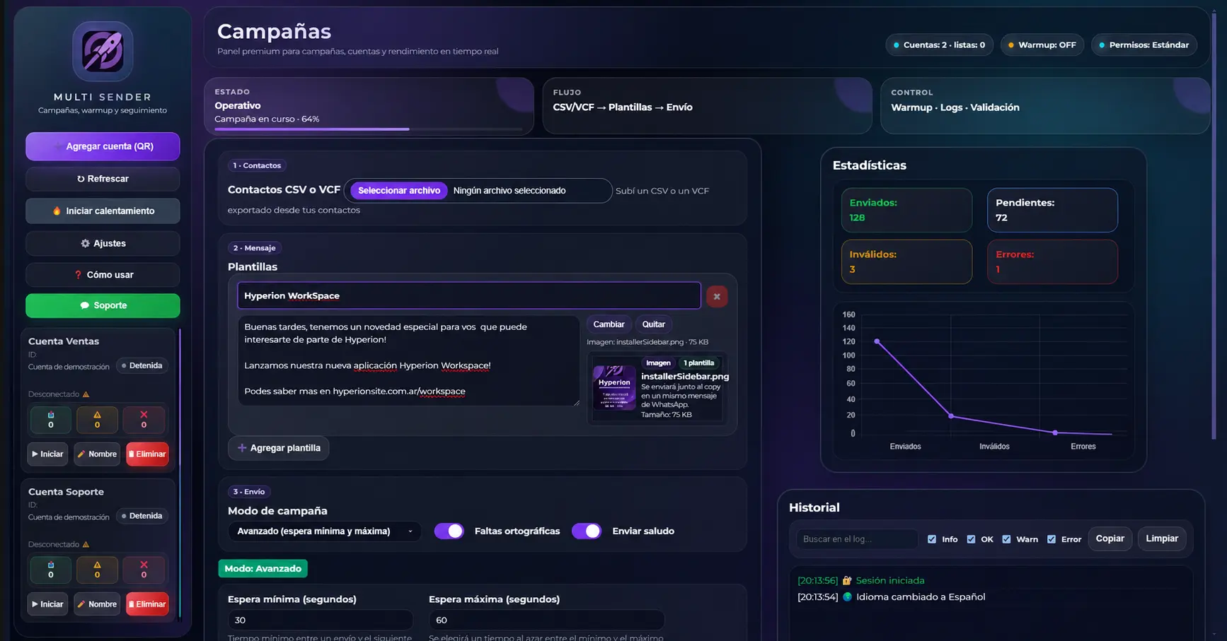 Hyperion Multi Sender ejecutando una campaña con estadísticas y avance en tiempo real