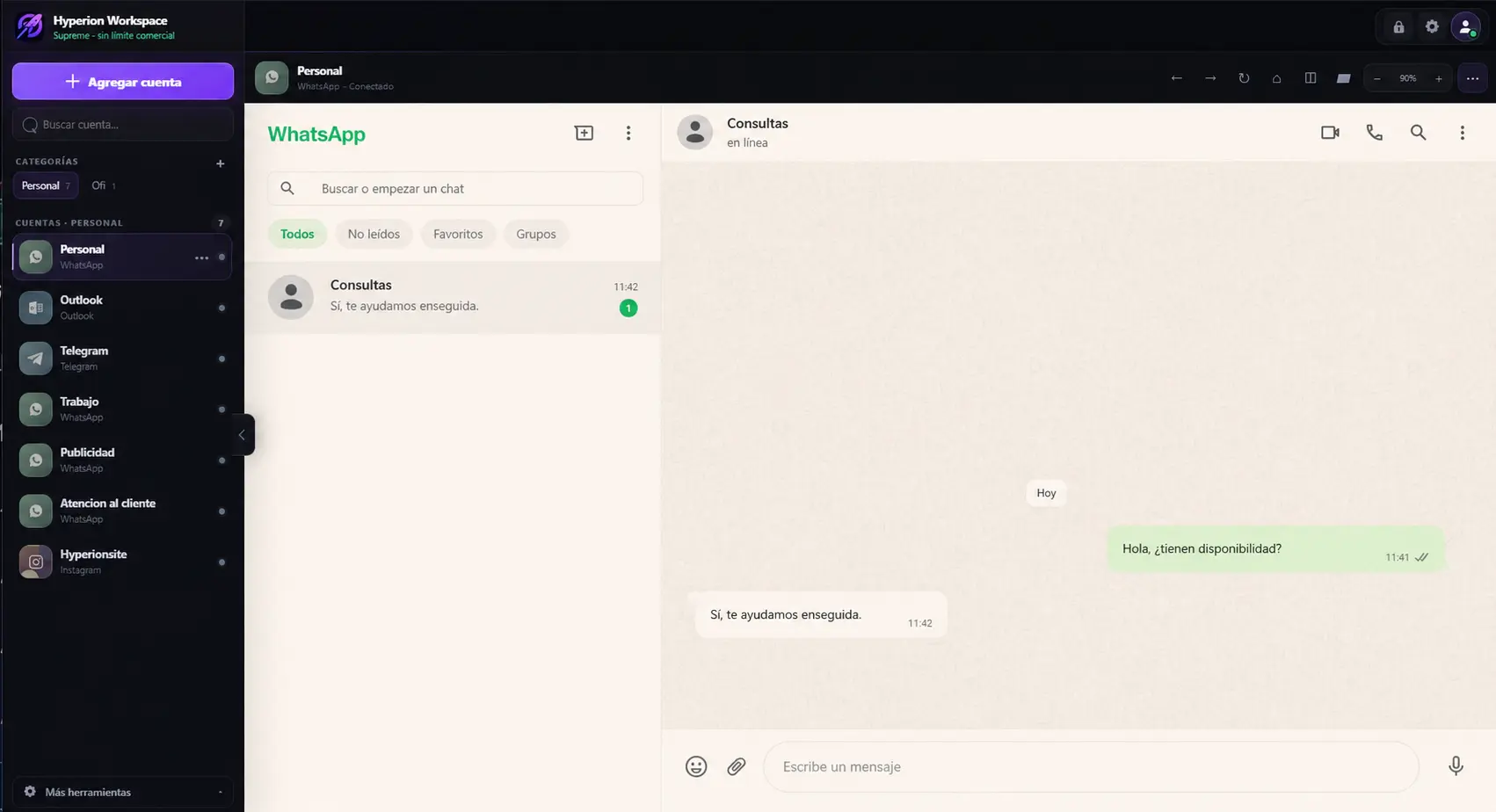 Hyperion Workspace con varias cuentas separadas y una conversación de WhatsApp activa